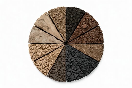 soil type samples arranged in circular pie chart shape. Earth classification study