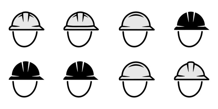 Hard Hat Icons, Construction Safety Helmets, Industrial Vector Symbols, Black and White