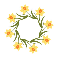 Fototapeta premium Wreath of delicate yellow daffodils on white. Floral frame of narcissus and greenery. For invitations, branding and botanical compositions.