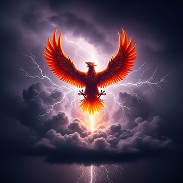 Mythical Phoenix Rising from Stormy Clouds.