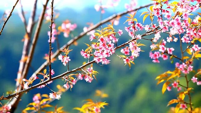 Low Angle View Of beautiful Pink Cherry Blossoms Against blue Sky Japanese sakura spring time japan