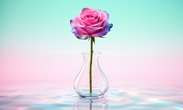 Delicate pink and purple rose in a clear vase on shimmering water surface
