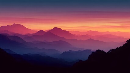 Obraz premium Beautiful mountain landscape with sunrise and sunset over misty hills and clouds in a peaceful natural view