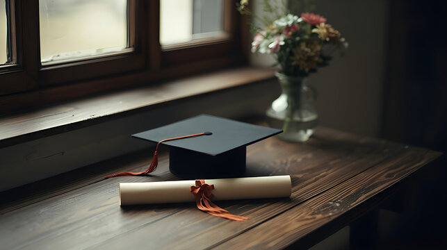 A moment of academic triumph A classic graduation cap and a neatly tied diploma symbolize the successful culmination of higher education and new beginnings