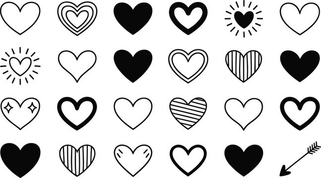 Black and White Heart Icon Set Featuring Love Symbols with Decorative Elements, Arrows, Patterns, and Minimal Line Style for Creative Design Projects