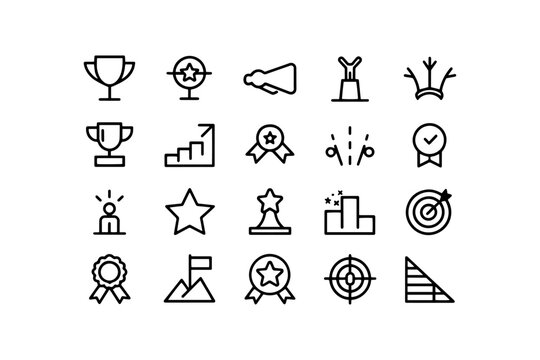 Collection of 20 outline icons representing success goals achievement with flat design first place victory cup diploma scroll achievement mountain collection illustration business