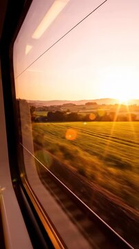 A Serene Journey Through Tranquil Landscapes: Capturing the Beauty of a Sunset View from a Train Window as Day Transitions to Night