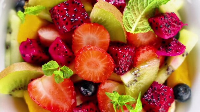 Close Up of Fresh Fruit Salad with Strawberry Kiwi and Dragon Fruit Cubes