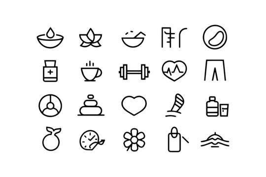 Wellness and health icon set with lotus flower and dumbbell hot drink water sport drink bottle white background wellness dumbbell activity exercise windsurf illustration pictogram