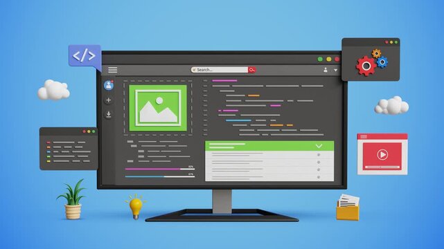 Low Code No Code Development and Programming Concept on a Computer Screen. Create Software without Coding. Rapid Application Building, Cloud Computing, AI Automation. 4K 3D Video Animation