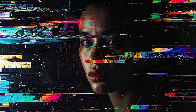 A distorted portrait of a woman with glitchy effects