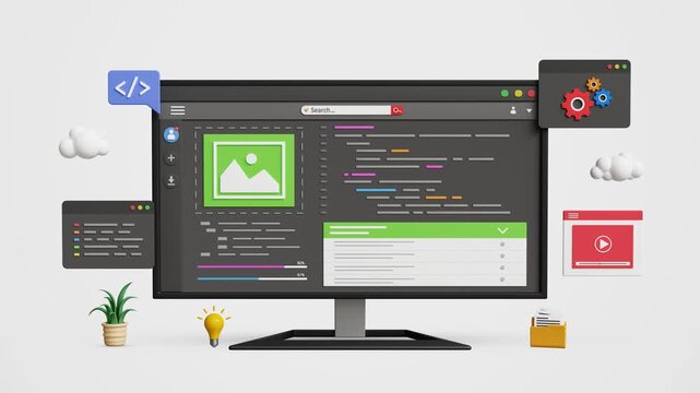 Low Code or No Code Development Concept on a Computer Screen. Easy Coding, Low Code Platform, Modern Software Creation Process, AI Automation, App Creation, Innovation, IT Solutions. 4K 3D Video