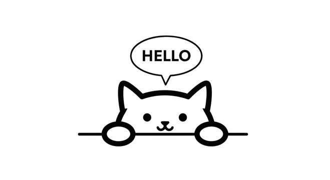 Cute cartoon cat peeking over a surface with a "HELLO" speech bubble