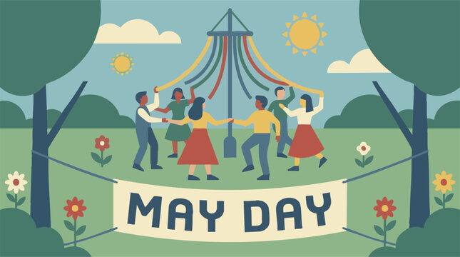 People dancing around a colorful Maypole during a vibrant May Day celebration