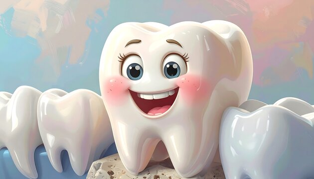 A smiling cartoon tooth with rosy cheeks on a colorful background