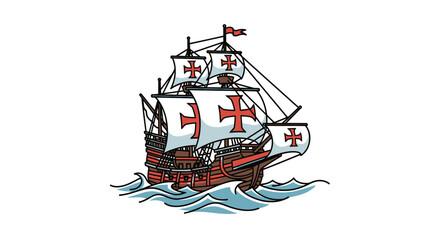 Vintage Caravel Ship Sailing on Wavy Sea, Historical Exploration Vessel © Ahda