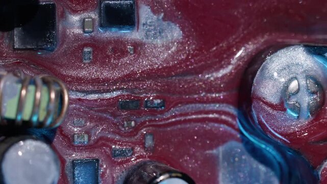 Dye flow. Circuit board. Defocused red silver blue color round texture bolt glitter water on abstract electronic neon art background.