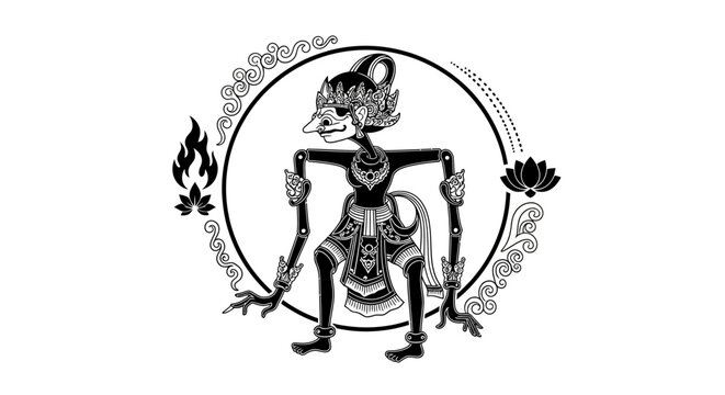 Wayang Kulit Shadow Puppet Character with Ornate Circle Frame, Fire, and Lotus