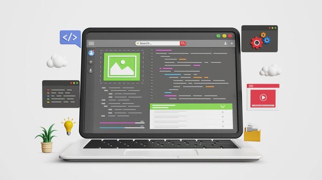 Low Code or No Code Development Concept on a Laptop. Easy Coding, Low Code Platform, Modern Software Creation Process, AI Automation, App Creation, Innovation, IT Solutions. 4K 3D Video