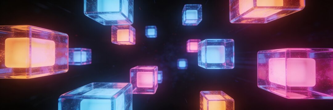 A vibrant and colorful digital illustration of glowing cubes floating in space