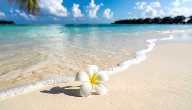 Plumeria flower on white sandy tropical beach with clear turquoise water and distant resort.