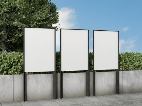 White Blank Poster Stand Mockup on a Roadside 3D Rendering in Left Angle