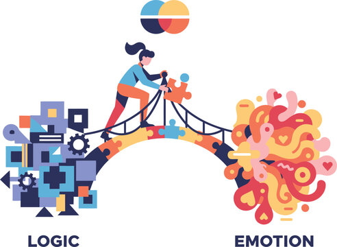 Woman Balancing Logic and Emotion Bridge Concept Illustration of Rational and Creative Thinking