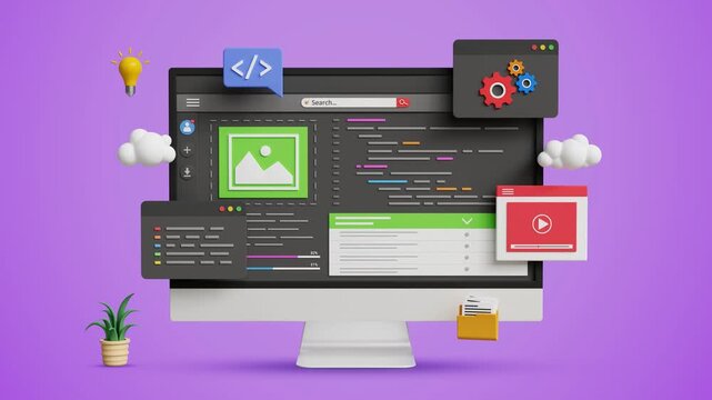 Low Code No Code AI Platform on a Computer. Automation tools, AI Coding, Rapid Application Development, Workflow Optimization, Digital Transformation, IT Solutions. 4K 3D Video Animation