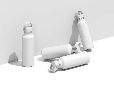 White Blank Four Water Bottle Mockup 3D Rendering Water Bottle