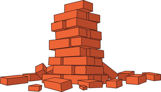 Stack of red bricks tumbling down in a messy pile