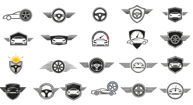 Collection of Car Emblems and Logos with Wings and Shields.