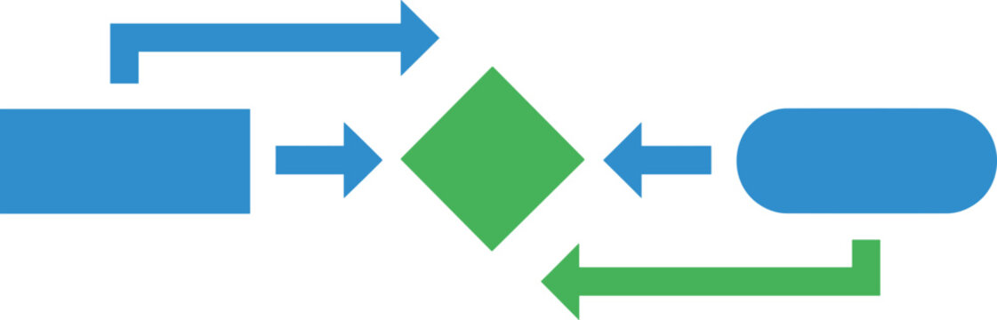 Process flow diagram with connected shapes and arrows, business concept, digital illustration