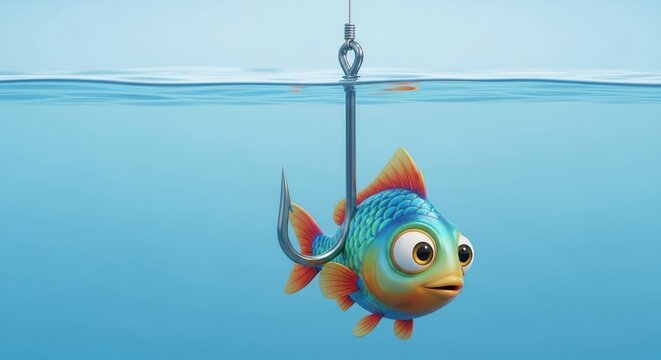A colorful cartoon fish with wide eyes surprisingly caught on a shiny fishing hook submerged