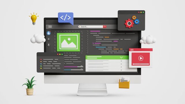 Low Code or No Code Development Concept on a Computer. Easy Coding, Low Code Platform, Modern Software Creation Process, AI Automation, App Creation, Innovation, IT Solutions. 4K 3D Video