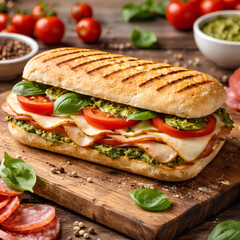 Obraz premium Delicious Grilled Sandwich with Fresh Ingredients on Wooden Board.
