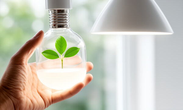 Hand holding a lightbulb with a green sprout inside, symbolizing growth and eco-innovation