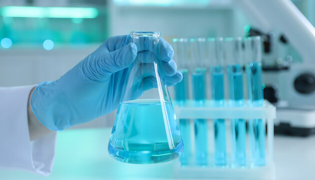 Scientist in blue gloves holds flask with blue liquid in modern laboratory