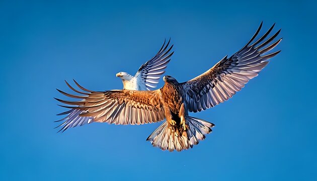 Two majestic birds, possibly eagles, soar gracefully against a bright blue sky. Their wings are spread wide