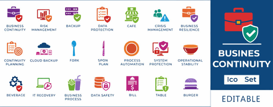 business continuity icons, editable vector graphics