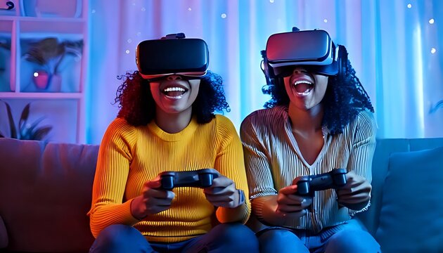 Two young women of color laugh excitedly while using VR headsets and holding game controllers, enjoying a virtual experience