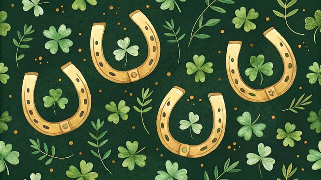 Golden Horseshoe and Shamrock Pattern for Saint Patrick's Day Celebration Keywords: St. Patrick's Day, horseshoe