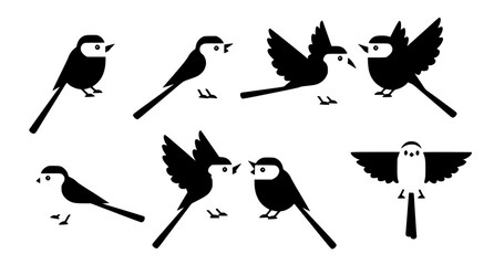 A decorative pattern style arrangement of long-tailed tit birds in different poses, evenly spaced with artistic balance on a solid white background. © Md