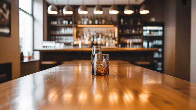 Wooden table, bar background, glass bottle, dimly lit interior, restaurant ambiance