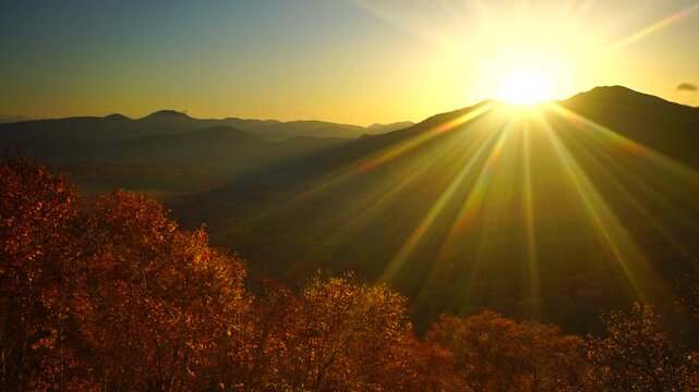 賀老高原のブナ林の樹海と大平山などの山並みと朝日