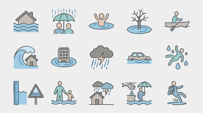 Flood and Natural Disaster Line Icons Set