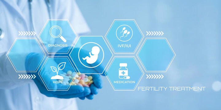 Scientist wearing blue gloves holds handful of pills with medical icons representing diagnosis hope IVF medication and fertility treatment concepts