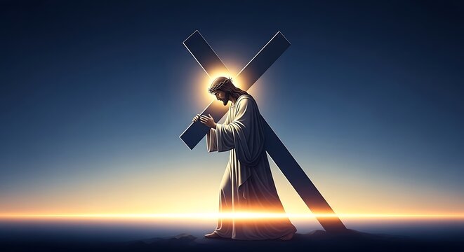 Jesus Christ carrying cross silhouette sunrise.
