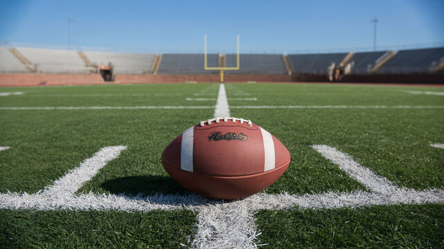 American football field, green turf, white lines, brown ball, sports stadium