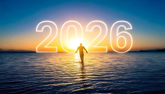 Silhouette of a person walking into ocean toward bright 2026 numerals against a sunset sky
