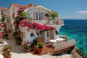 Obraz premium Charming Mediterranean Villa Overlooking Turquoise Aegean Sea with Vibrant Bougainvillea and Balcony Seating